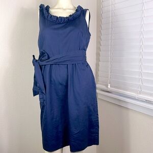 J Crew Navy Ruffle Neck Sleeveless Sheath Dress Size 8 Knee Length Cotton Pocket